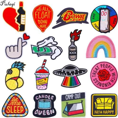 Pulaqi Cartoon Patches Rainbow Rose Embroidered Patches For Clothing Broken Heart Wine Bottle Iron On Patches For Clothes Jacket