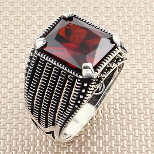 Square Red Zircon Stone Men Silver Ring With Symmetrical Motif Made in Turkey Solid 925 Sterling Silver