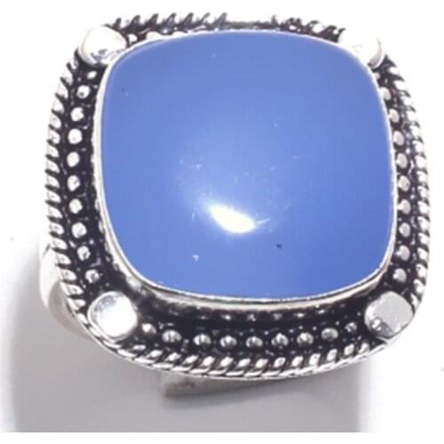 Nature Blue Chalcedony Ring Silver Overlay over Copper Hand made Jewelry Women Gift，Size : 8.75 , R6865