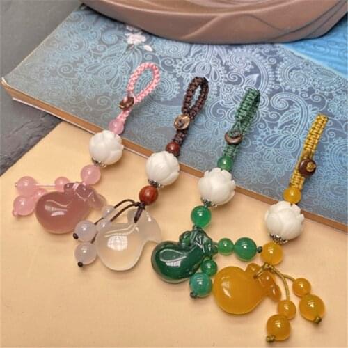 Natural Chalcedony Lucky Fortune Bag Pendant Handmade Carved Lotus Keychains Key Ring Key Holder for Women Car Bags Accessories