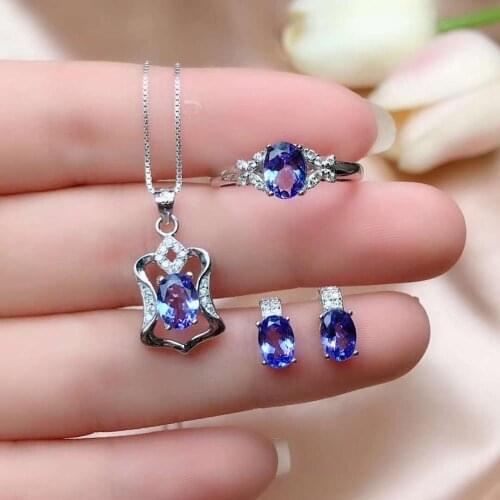 Real Natural Tanzanite jewelry set Natural Real Tanzanite 925 sterling silver 1pc pendant,1pc ring,2pcs Earring