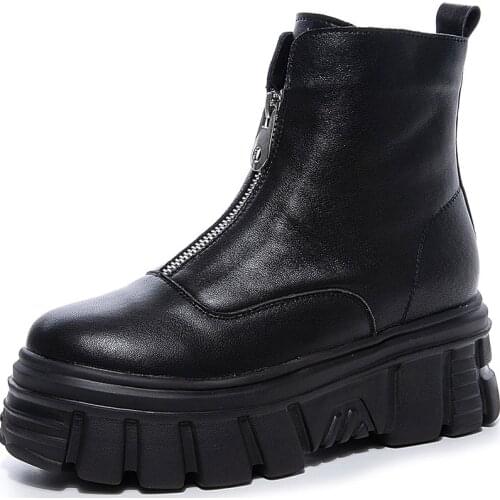Newdiscvry Genuine Leather Front Zipper Women' Ankle Boots 2020 Fashion Style Women Spring Platform Boots Ladies Chunky Shoes