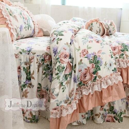 New bed set Romantic Linens Ruffle lace bedding set rose print duvet cover set princess Bed linen cotton queen bedding set sheet