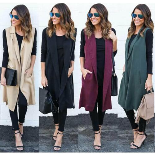 Autumn Winter Vest Jacket Women Long Pockets Turn-down Collar Open Stitch Sleeveless Pantone Red Beige Black Blazer Sherpa