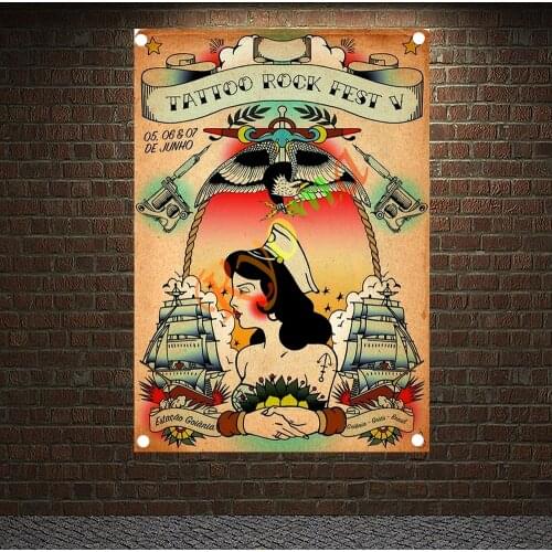 ROCK FEST V Tattoo Art Print Posters Banners Wall Chart Senior Art Waterproof Cloth Tapestry Flag Barber Shop Decor Upholstery