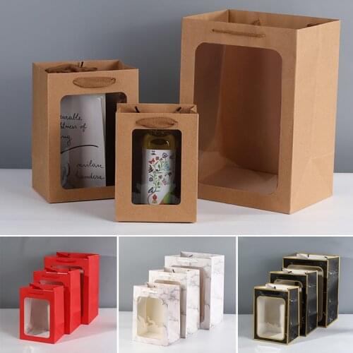 Gift Tote Bag Kraft Paper Bags Flower Box With Handle Packing Gifts Boxes Transparent Window ValentineS Day Wedding Party Decor