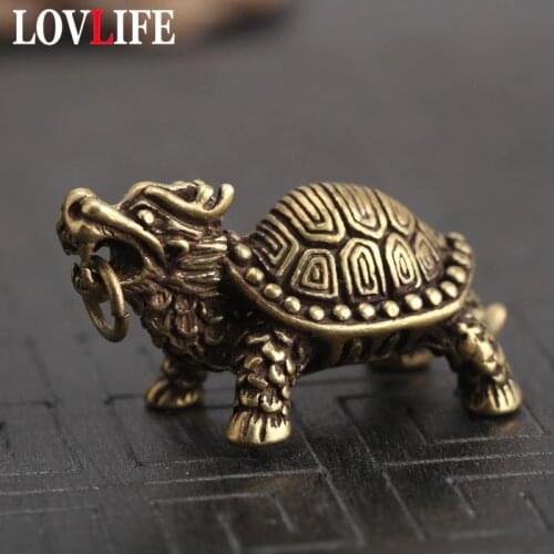 Pure Brass Lucky Dragon Turtle Keychains Pendants Jewelry Copper Animal Decoration Tea Pet Trinket Accessories Key Chain Hanging