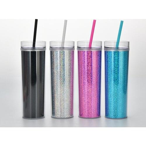 16oz straight double-layer plastic straw cup, magic laser drink cup, rainbow gradient flash, cold drink cup, travel cup gift
