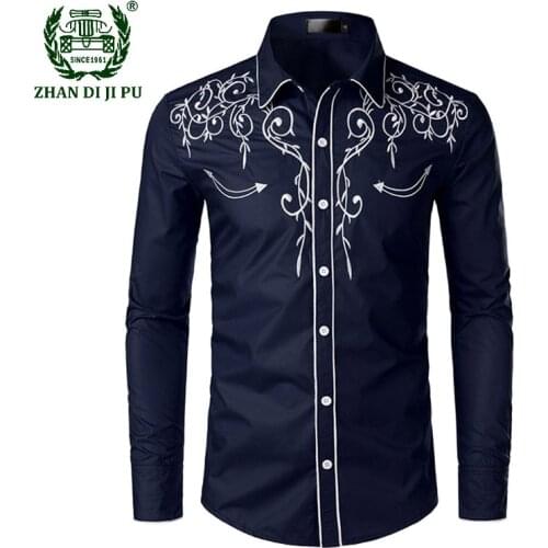 Western Cowboy Embroidery Shirts Men Casual Long Sleeve Slim Fit Shirt Male Wedding Party Social Mens Club Prom Chemise Homme