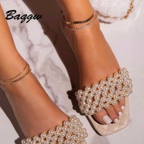Women Slippers Summer Fashion Pearl String Bead Square Toe Flat Shoes Ladies Outdoor Casual Beach Sandals Mujer Plus Size 35-43