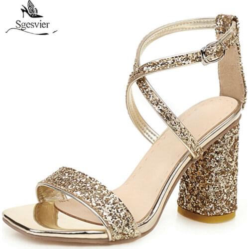 Sgesvier 2020 new arrival women sandals Sequins buckle super high heel sandals simple fashion party shoes ladies big size 48