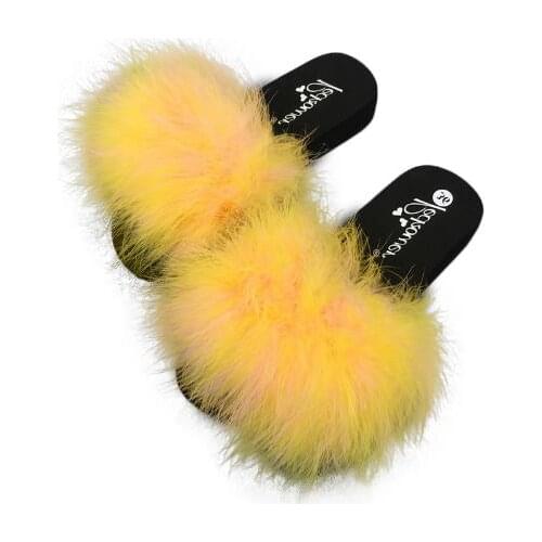 2020 Summer Women Ostrich Feather Slippers Fluffy Faux Fur Slides Flat Home Flip Flops Fuzzy Multiple Color Sexy Party Shoes