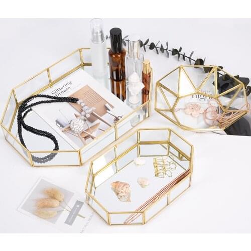 Nordic Style Glass Copper Geometry Storage Baskets Box Simplicity Style Home Organizer For Jewelry Necklace Dessert Plate sp425