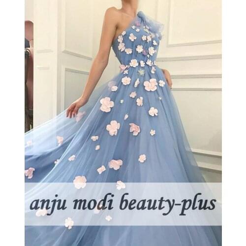 Light Blue One Shoulder Prom Dresses Long Floral Sleeveless Formal Evening Party Ball Gown Robe De Soiree
