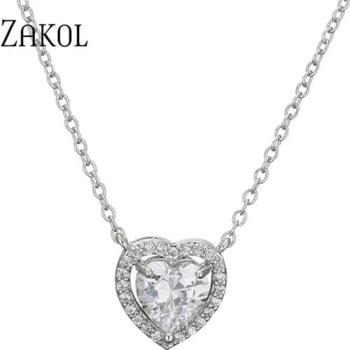 ZAKOL Simple Fashion Heart Cubic Zirconia Pendants Necklace Luxury Wedding Engagement Bridal Jewelry Chain Necklaces NP2242