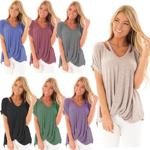 Summer Womens Casual Cotton Short Sleeve T-Shirt Solid Color New Sling Loose Knot Splicing Round Neck Off Shoulder Top
