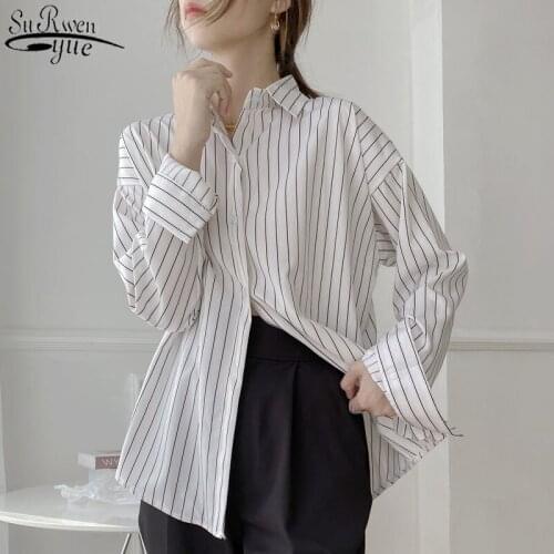 Korean Striped Womens Blouse Casual Loose Office Lady Style Long Sleeve Top Female Singel Breasted Fashion Women Shirts 11876