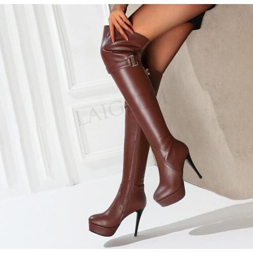 LAIGZEM Over Knee Womens Boots Faux Leather Side Zip Platform Stiletto Heels Boots Shoes Woman Botines Mujer Size 38 42 43 45