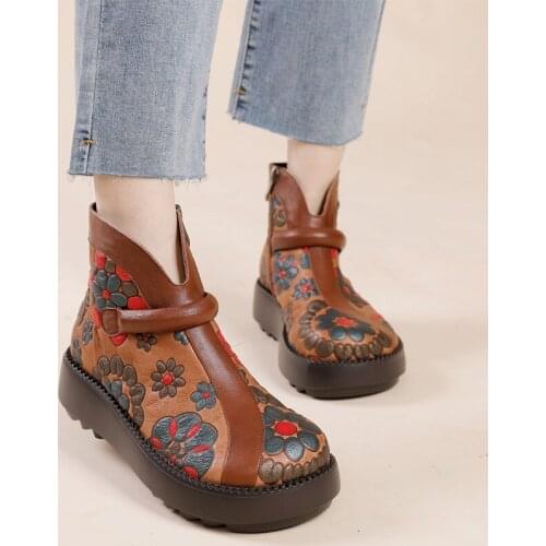 2021 Winter Handmade Flower Women Platform Shoes Woman Round Toes Genuine Leather Ankle Boots Wedges Shoes Ladies Vintage Boots