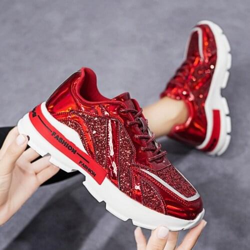 Glitter Women Chunky Sneakers Shiny Street Walking Shoes 2020 Fashion Lady Tennis Thick Sole Fluorescent Women Shoes Trending 41