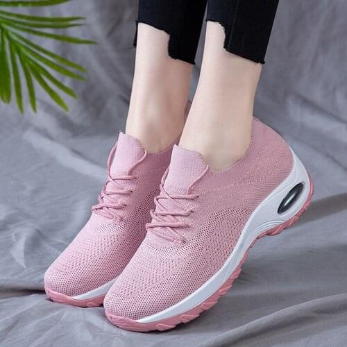 Spring Flying Woven womens Shoes Large Size Lace Up womens Shoes Air Cushion Casual Shoes Women Outdoor Running Sneaker