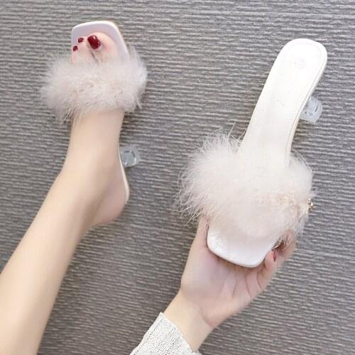 Fur Shoes Ladies' Slippers Women Heels Luxury Flip Flops Plush High Summer 2021 Thin Glitter PU claquette femme sandalias