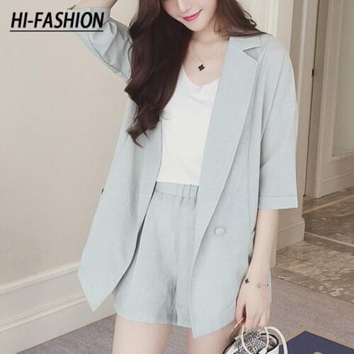 Women Cotton Linen Blazer Shorts Suit Set Half Sleeve Jacket Coat+High Waist Pocket Mini Pant Suits Office Lady Female Tracksui