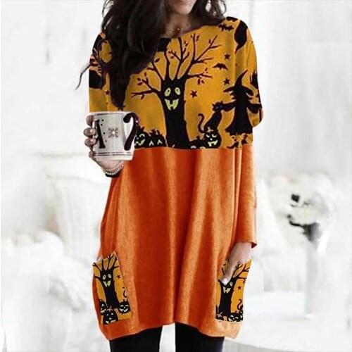 Womens Sexy Loose Long Halloween Sweatshirt Long Sleeve Splice Ghost Pumpkin Printed Shirt O-Neck Tops Pullover Ropa Mujer G4
