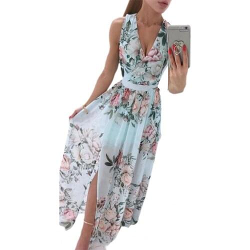 Summer Bohemian Women Dress Sleeveless Deep V Neck Floral Print Slit Hem Vintage Long Dress for beach Blue xxl vestidos 2021