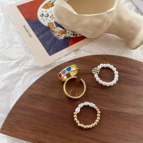 VSnow Fashion Enamel Love Heart Pearl Elasticity Ring for Women Textured Beaded Metal Open Adjustable Index Finger Ring Jewelry