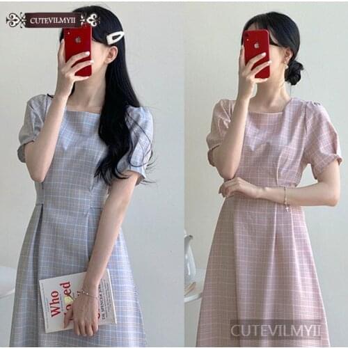 Women Cute Sweet Chic Dress Korean Japanese Style Temperament Lady Bow Tie Lattice Plaid Dress Pink C698
