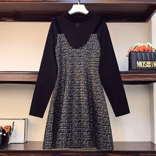 5XL plus size women kintting Patchwork plaid dress autumn winter 2021 long Sleeve o neck elegant vintage thick plaid dresses