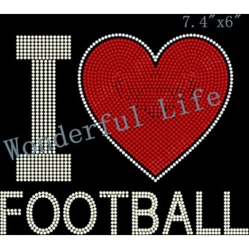 Free shipping I love football with love heart hotfix rhinestone Iron On bling transfer design motif