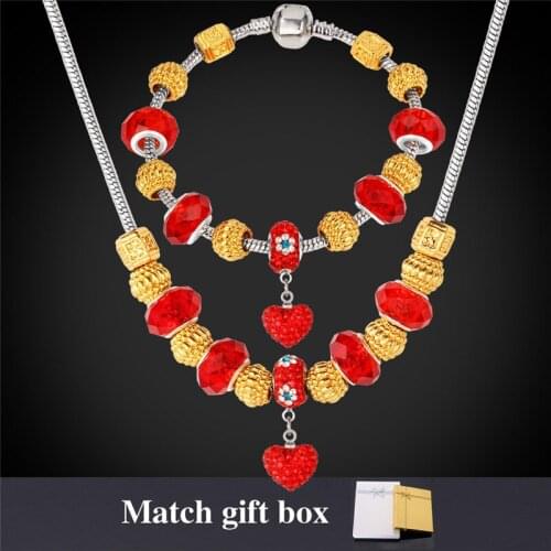 Bohemian Necklace And Bracelet Sets & Gift Box Gold Color Crystal Bead DIY Heart Jewelry Set For Women Red NH852