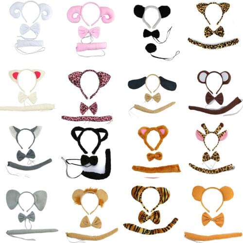 Adult Boy Girl Kids Animal Ear Headband Tie Tail Bow Set Cosplay Halloween Costume Birthday Party Gift Hair Band Christmas Props