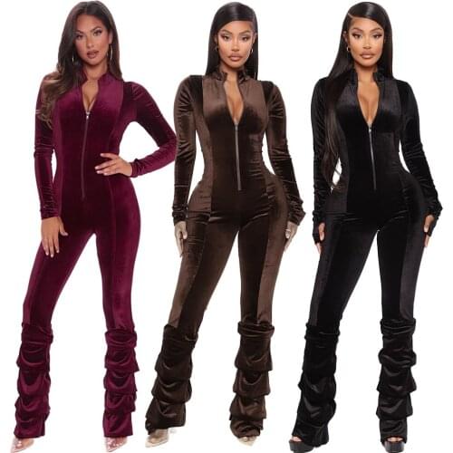 Elastic Hight Velour Romper Womens Jumpsuit Vintage Zipper Up Long Sleeve Stacked Bodysuit Vintage Draped One Piece Club Outfit
