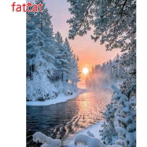 FATCAT 5D Cross Stitch Diamond Embroidery Winter sunrise Full square round DIY Diamond Painting Rhinestone Mosaic Snow AE501