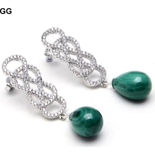 GG Jewelry Natural Green Malachite Teardrop Gold Color Plated Cz Pave Stud Earrings Classic Rhinestone Earrings Wedding Luxury