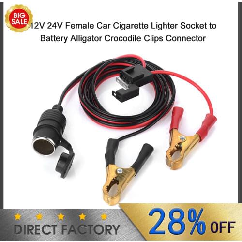 12V/24V Car Cigarette Lighter Socket Alligator Clip Connector 2FT Car Battery Clamp-on Extension Charge Cable with 25A Fuse Case