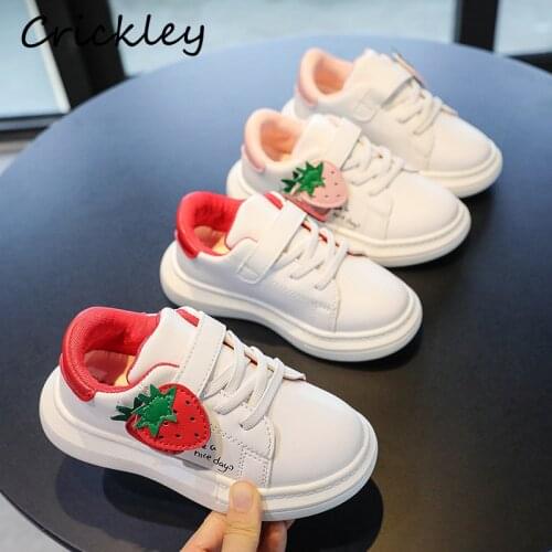 Cute Strawberry Child Sneakers PU Leather Hook Loop White Shoes For Girls School Shoes Soft Breathable Non Slip Kids Sneakers