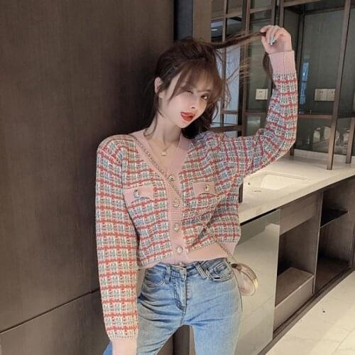 Trendy Japanese Style Sweet Plaid Contrast Color V-neck Knitted Cardigan for Women Spring and Autumn New Sweater Coat