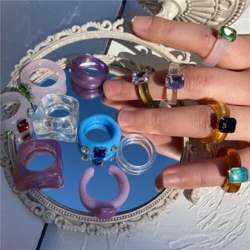 2021 Korean Vintage Aesthetic Cute Pink Purple Resin Acrylic Rhinestone Geometric Rings Set For Women Jewelry Gifts Accessories