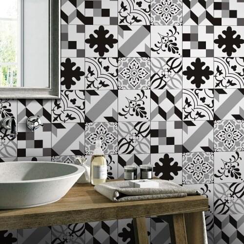 European-style black and white simulation tile stickers retro living room bedroom wallpaper kitchen toilet oilproof sticker