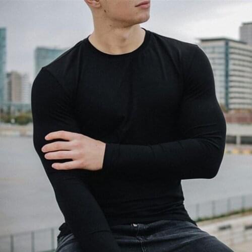 New Autumn Fashion Long Sleeve T shirt Men Solid O-neck Sporting T-shirt Men Fitness Mens Gym Clothing Bodybuilding Tshirt homme