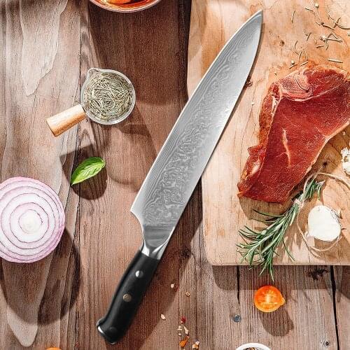 Damascus Chef Knife 8 inch Kitchen Knives with G10 Handle Real Japanese Damascus Steel Slicing Carving Knife for Meat Vegetable