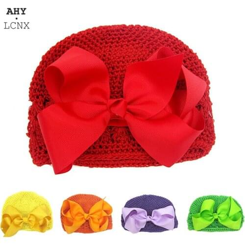 Solid color bow Kids Hat Warm Autumn Winter Children Girl Boy Beanie Cap Knitted Crochet Thick Bonnet Hat Kids Accessories