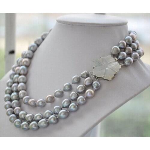 Hot sale >>3strands 10-12mm NATURE GRAY RICE freshwater pearl necklace 17-18- 19inch