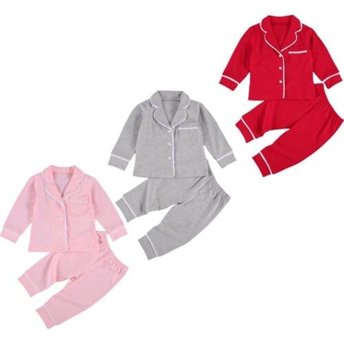 Children Baby Boys Girls Pajamas Set Solid Color Long Sleeve T-Shirt Tops and Pants 2Pcs Sleepwear Sets Homewear Outfits 0-5Y