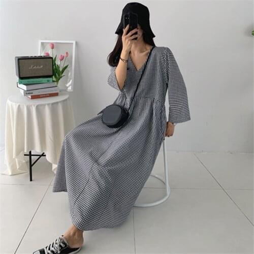 Knee length cotton linen Plaid Dress loose large Pullover Top BF casual student V-neck Baby Dress 210567