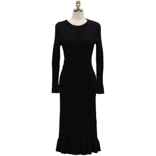 PERHAPS U Knitted Black Khaki Long Sleeve O Neck Knee Length Ruffle Dress Autumn Elegant Button Spring Sheath Sexy D1458